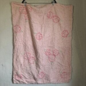 Amy Coe Limited Edition Pink Chenille Floral Baby Blanket 100% Cotton 30x42